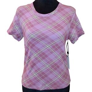 100%‎ Cotton Purple and Green Argyle Plaid Baby Tee Women's T-Shirt Top - L